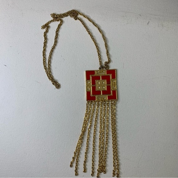 Asian Art Deco Red Enamel Dangling Chains Tassel Necklace Gold Tone Jewelry VTG - Picture 7 of 8